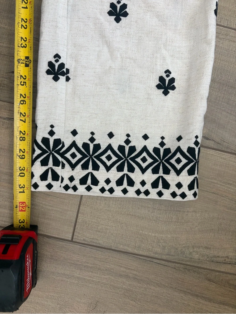 Zara Off White Black Linen Blend Geometric Boho French Countryside Casual Pants